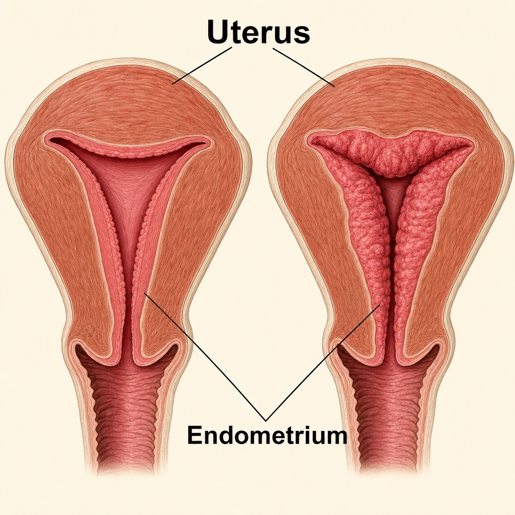 왼쪽은 배란 주기가 도는 자궁, 오른쪽은 배란 없이 오래 지나 자궁내막이 정리되지 못한 자궁입니다 — 호르몬 치료는 끊긴 신호를 바깥에서 보충해 이 리듬을 관리합니다