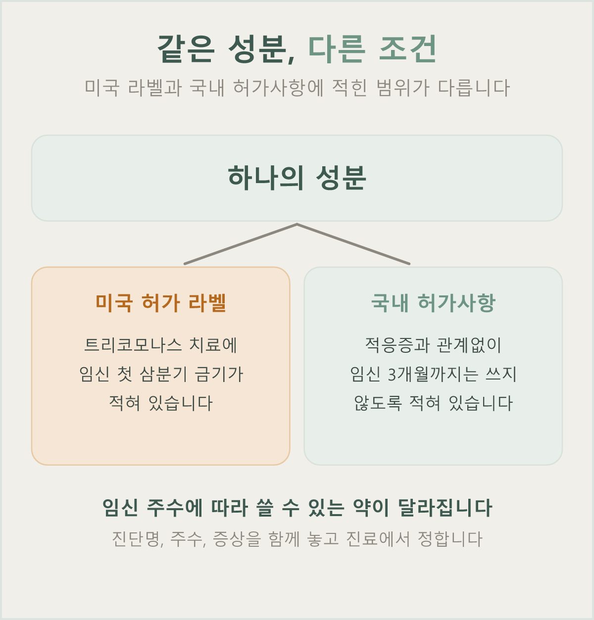 같은 성분이라도 미국 라벨과 국내 허가사항에 적힌 임신 중 조건의 범위가 다릅니다