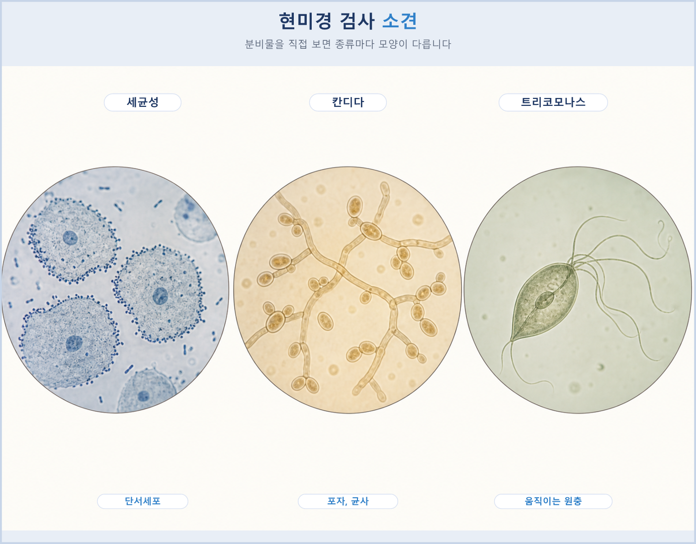 현미경으로 본 세균성 단서세포, 칸디다 포자와 균사, 트리코모나스 원충
