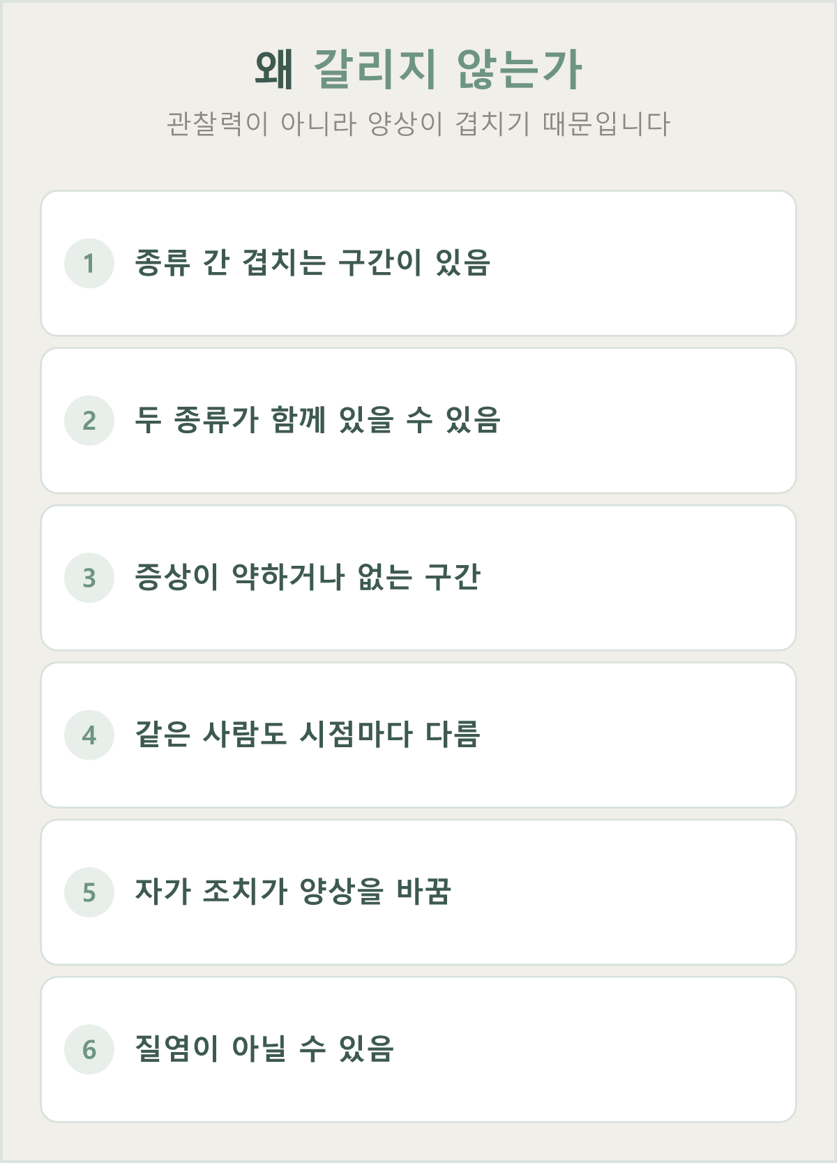 같은 양상이라도 종류가 갈리지 않는 여섯 가지 이유